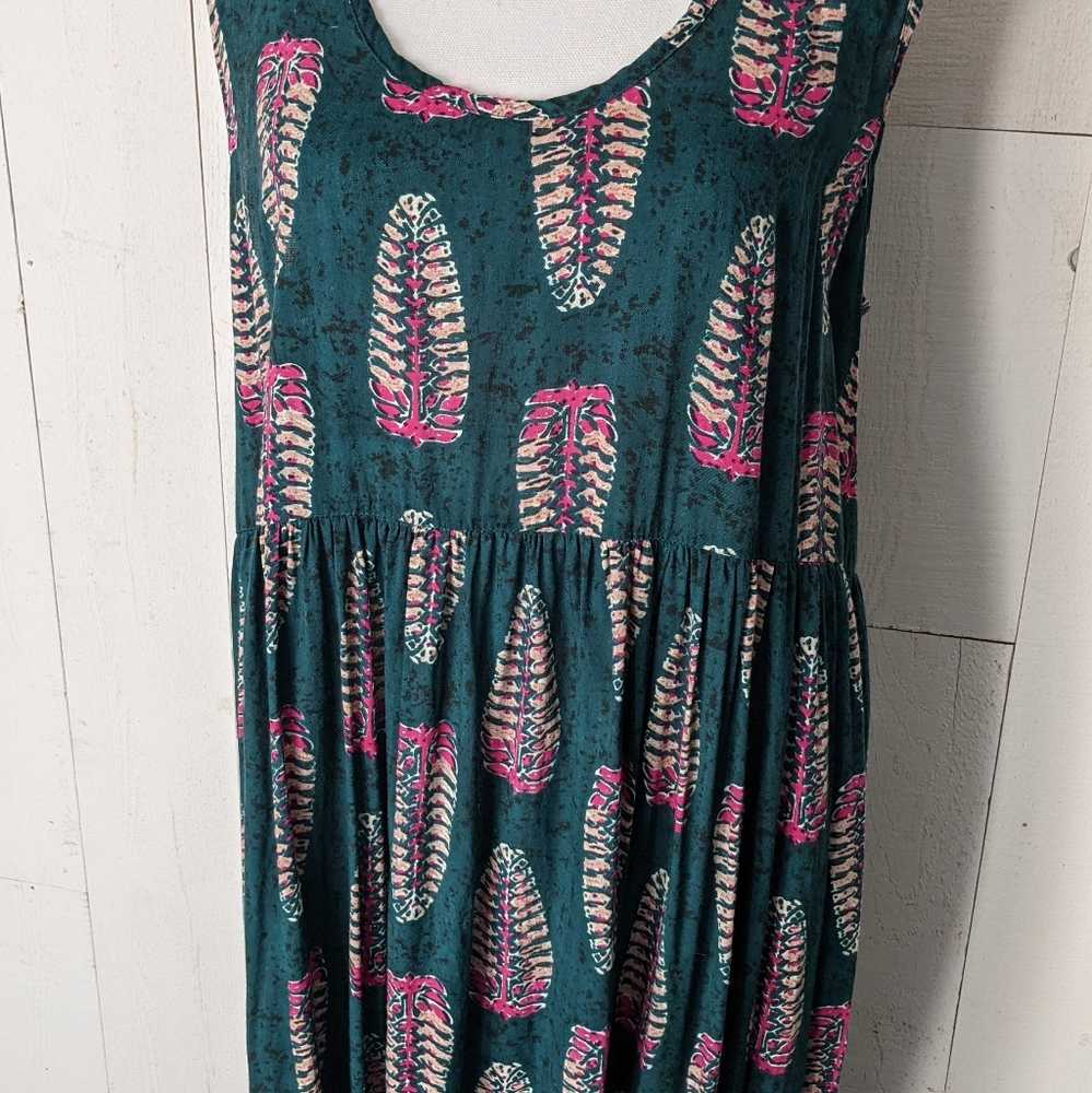 Cost Plus World Market Leaf Feather Tank Dress - Women's Large/XL Teal Pink